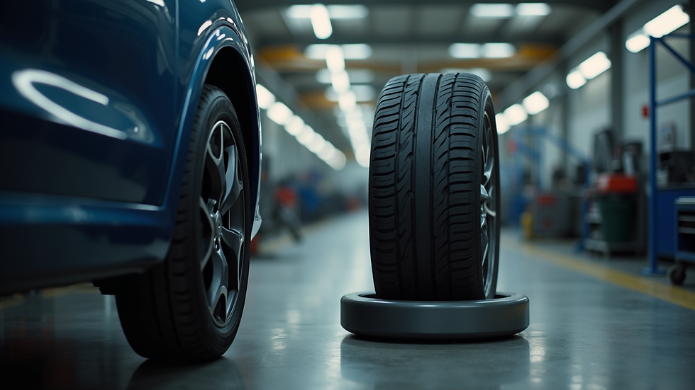 Eye-level view of a tyre balancing machine in a workshop