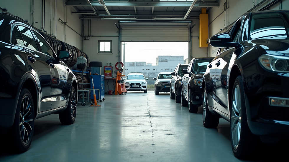 High angle view of a tyre specialist workshop with vehicles and equipment