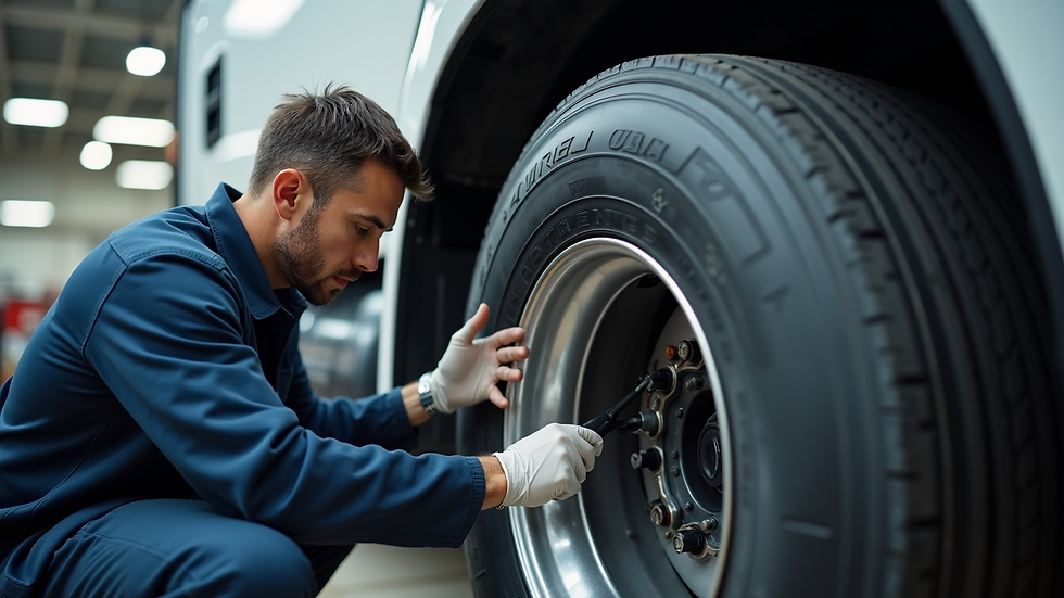 Close-up view of a technician inspecting a truck tyre
