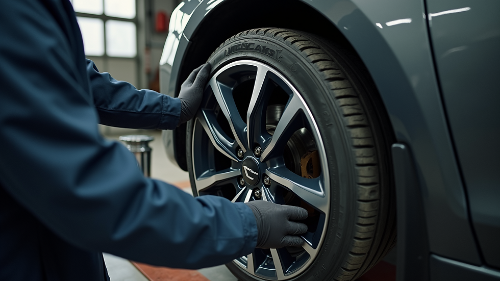 Close-up view of a car wheel being aligned in a workshop