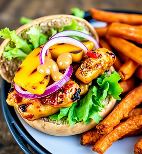 chunks of jerk chicken, grilled pineapple slices, red onion, romaine lettuce, spicy mayo o