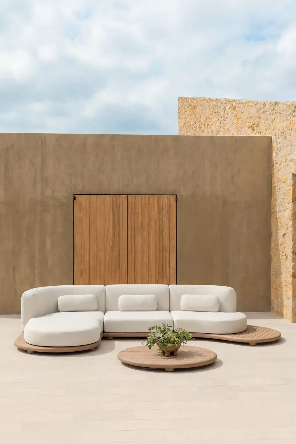 Ensemble de jardin avec canapé modulaire chaise longue gauche 3 pièces et table basse