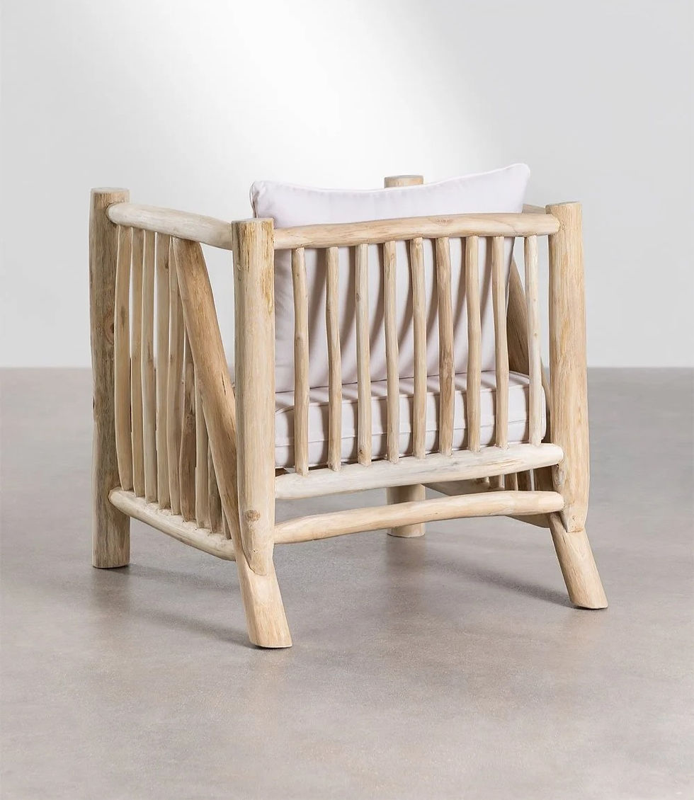 Miniature : fauteuil en bois de teck et coussin blanc