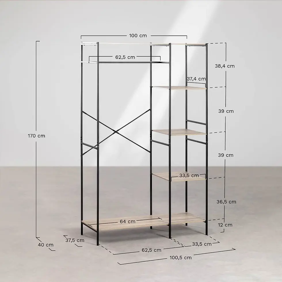 Miniature : Porte-vêtement avec étagères en bois et métal blanc.