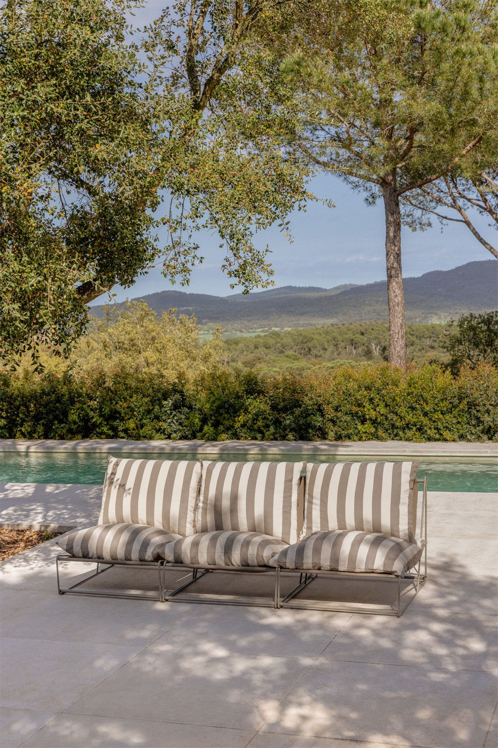 Canapé de jardin 3 places rayures beige brun et structure acier