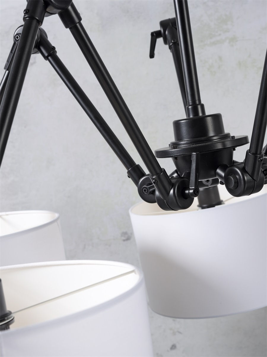 Miniature : suspension avec 5 bras articulés en métal noir et abats-jour en tissu blanc