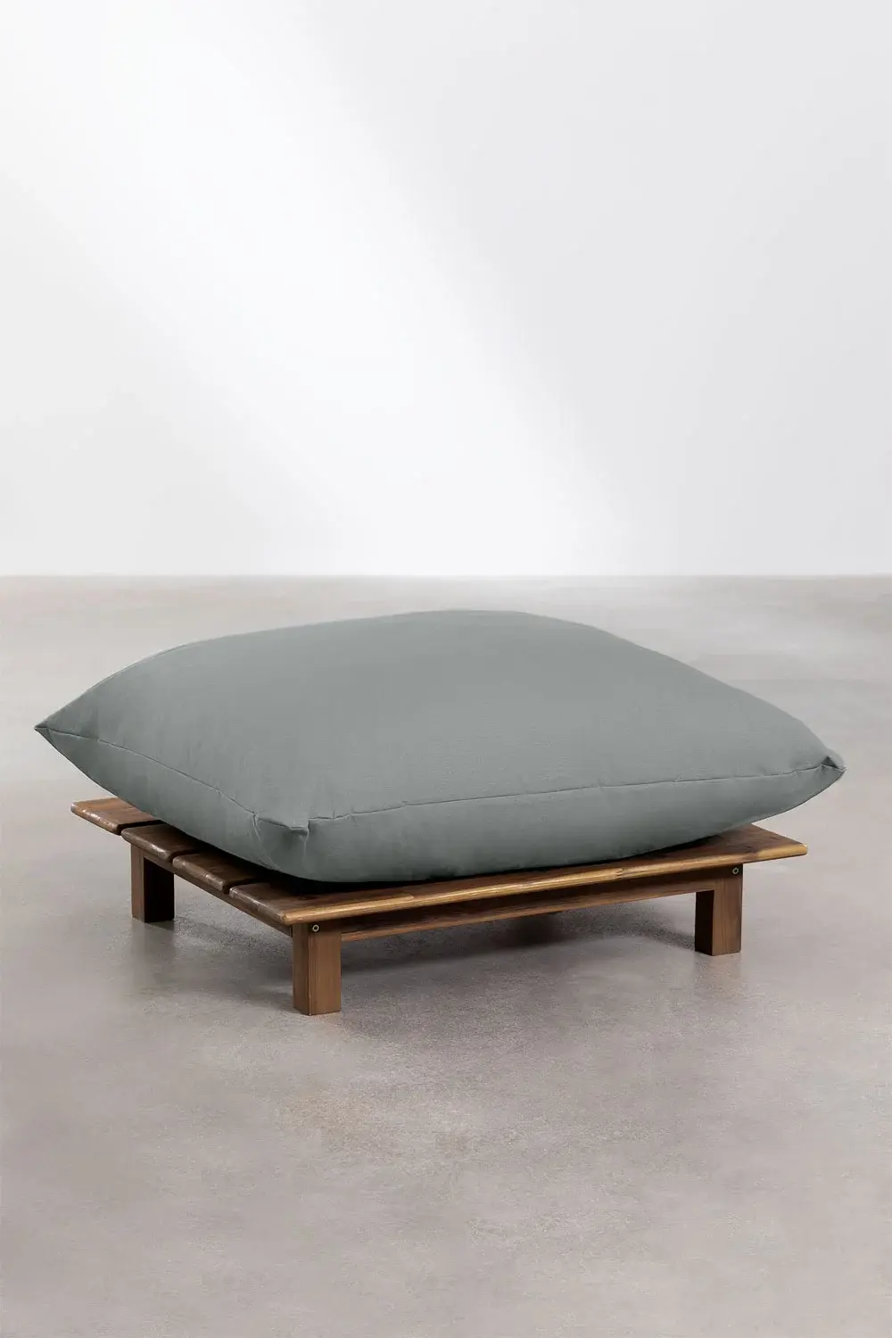 pouf de jardin en acacia et coussin tissu gris