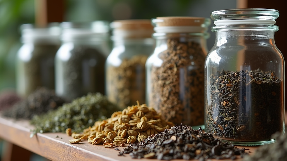 Close-up view of a variety of loose leaf teas in glass jars