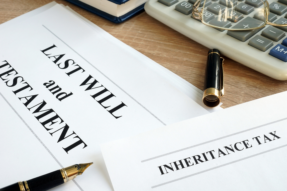 A 'Last Will and Testament' document alongside a paper labeled 'Inheritance Tax