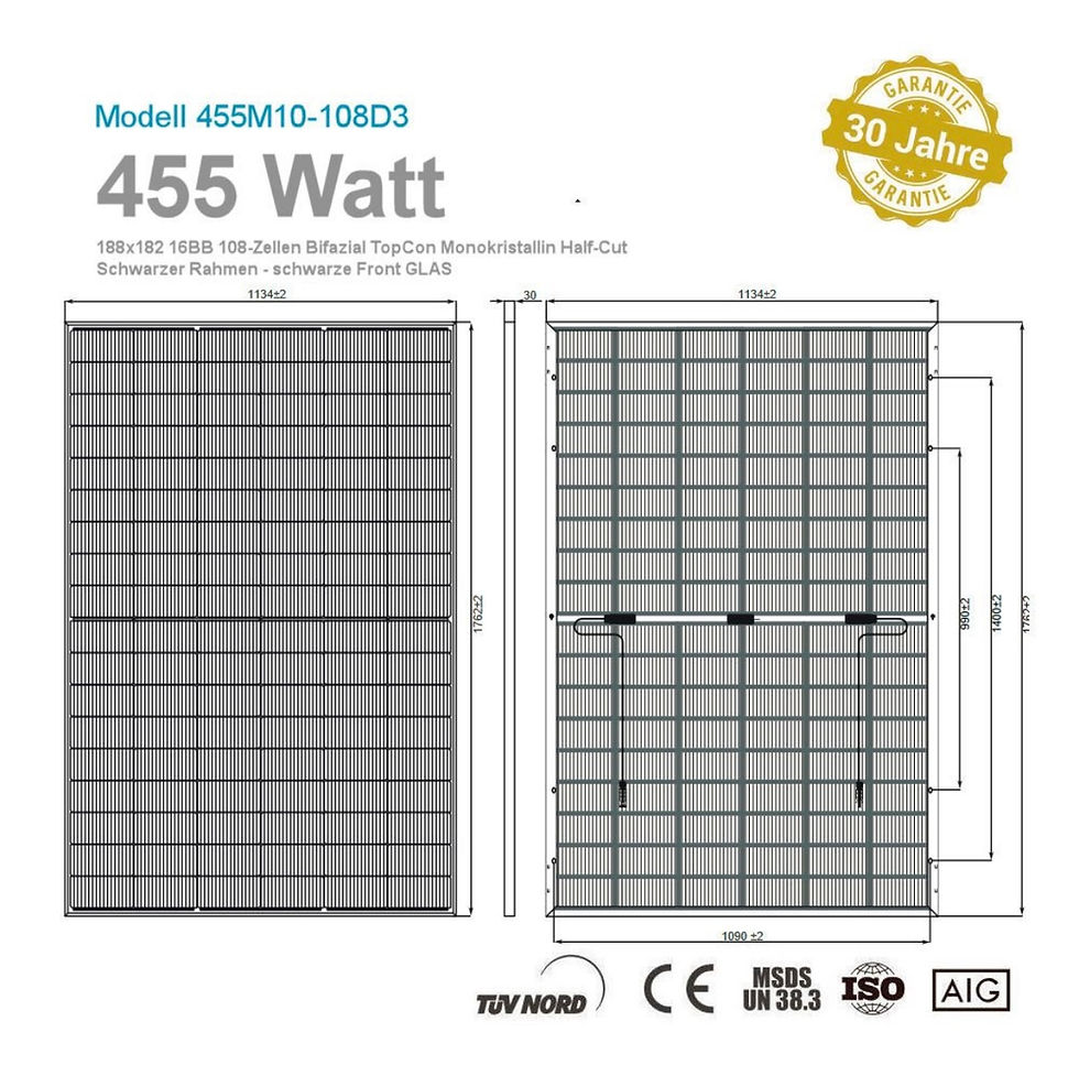 Miniaturbild: 36x 455Wp Bifazial TOPCon Glas-Glas Full Black Solarmodule