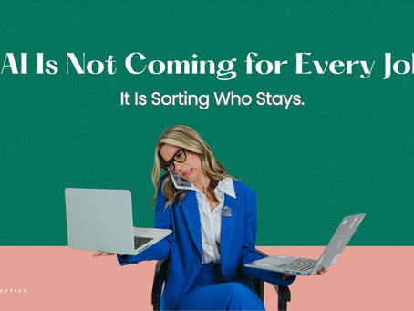Erica Rooney in a blue suit holding two computers looking concerned.  Title reads: AI is not coming for every job. It is sorting who stays.