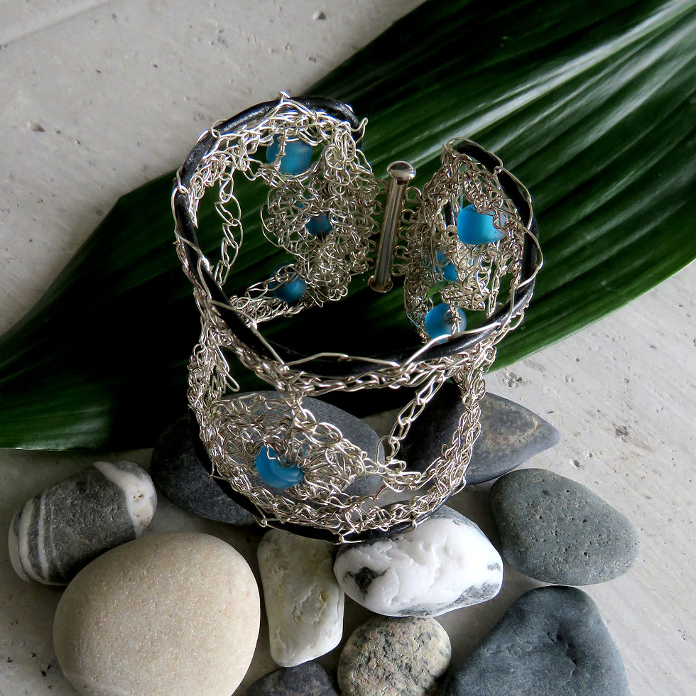 Thumbnail: Crocheted Silver and Leather Cuff