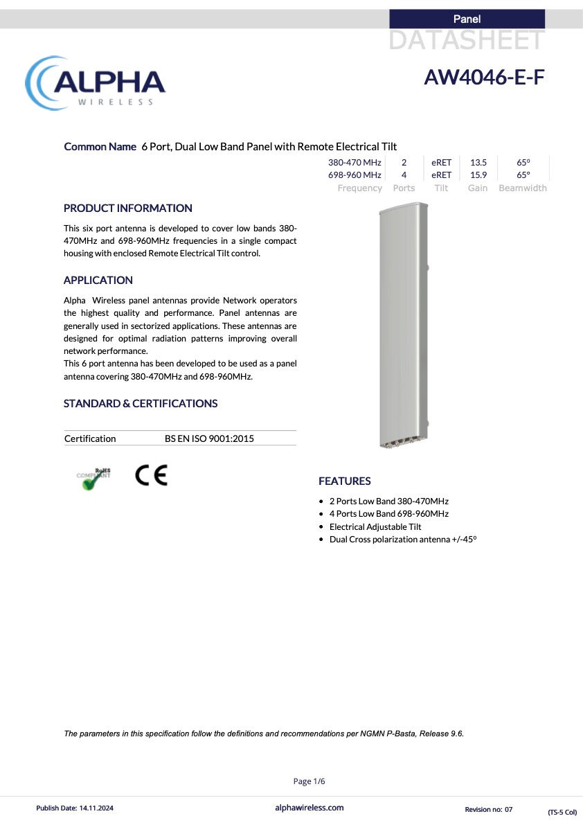 Alpha Wireless | 6 Port Dual Low Band Panel with Remote Electrical Tilt | 380-470MHz and 698-960MHz