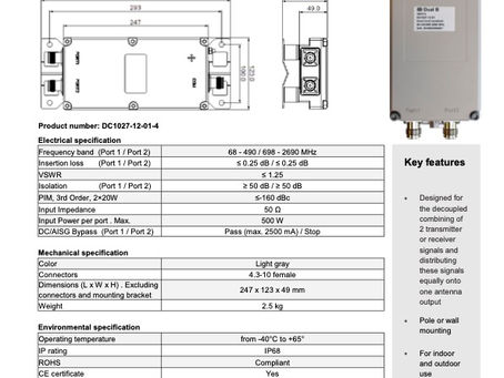 Dual B | 68-490 / 698-2690 MHz Dual-band combiner | DC1027-12-01-4 | Intensa