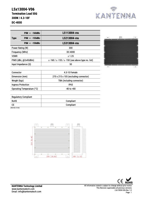 Kantenna | L5x13004-V06 | Termination Load 50Ω | 300W / 4.3-10F | DC-4000 L5113004-V06 L5213004-V06 L5313004-V06 