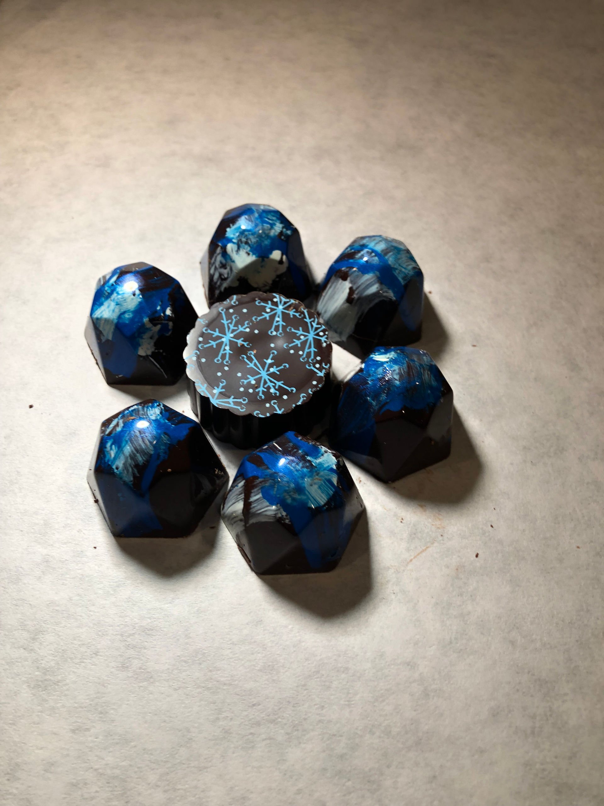Blue filled chocolate truffles