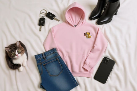 Pink hoodie with a Purramble embroidered design featuring Ramble with a butterfly. It is on top of a bed with a pair of jeans, car keys, boots and a little kitten
