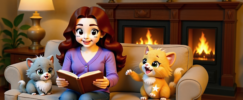 Carton of a lady readying to two kittens, one grey - Purr - and one orange - Ramble -