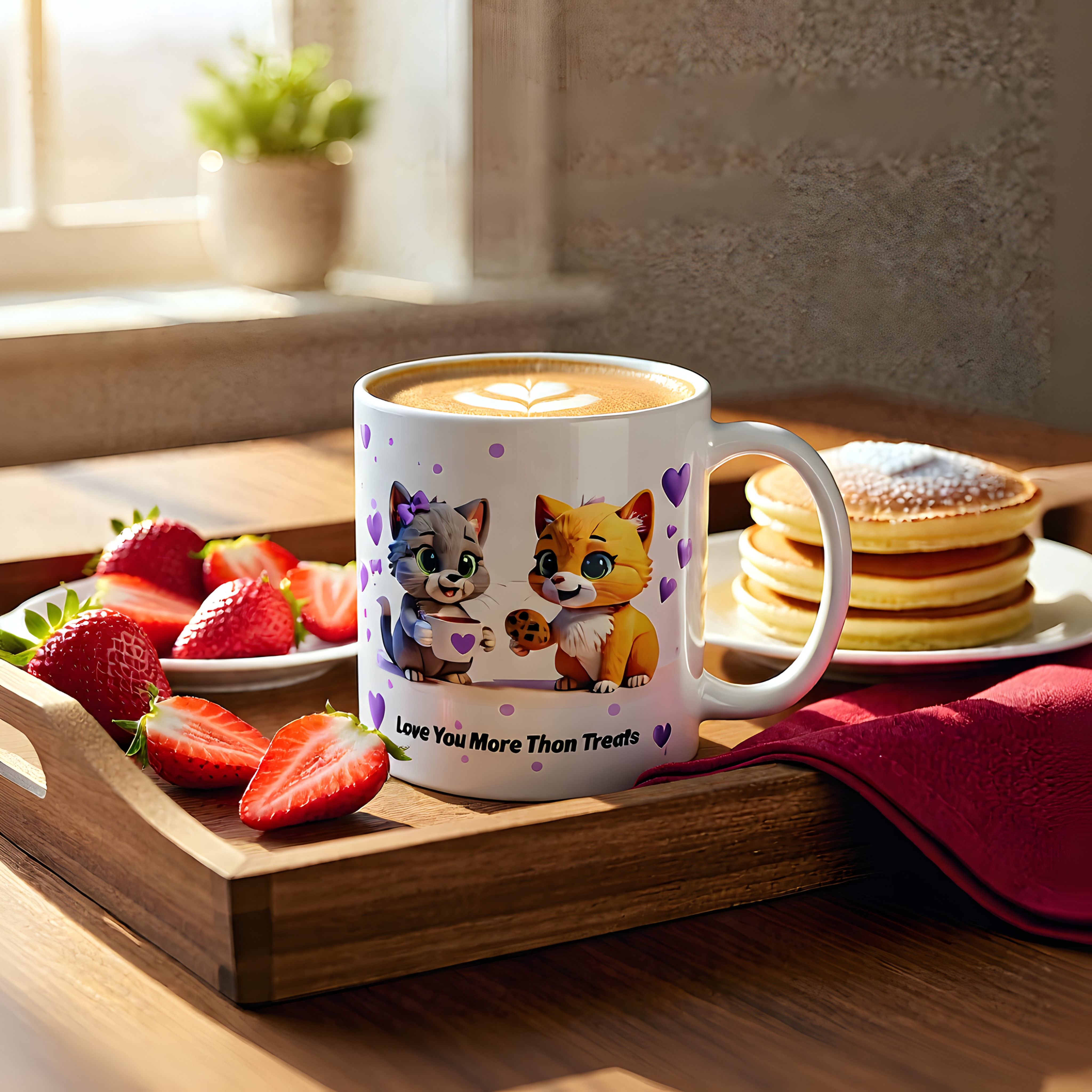 Mug with latte art and cat design on tray with strawberries, pancakes, and napkin.