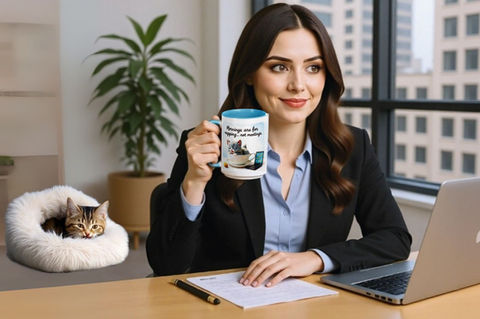 A lady in an office setting and a white mug with blue interior in her hand. The mug has a Purramble design featuring Purr and the text "Mornings are for napping... not meetings"