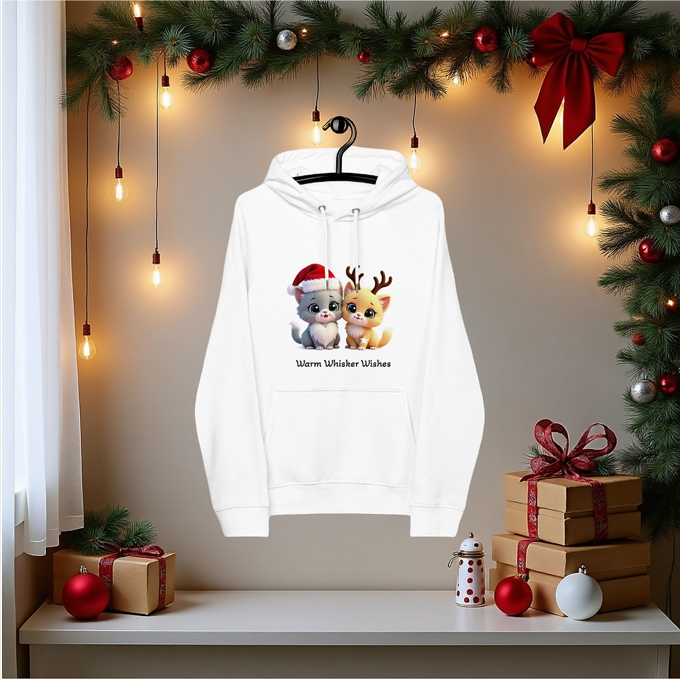 Unisex eco raglan hoodie featuring a festive illustration of Purr and Ramble together in holiday attire.