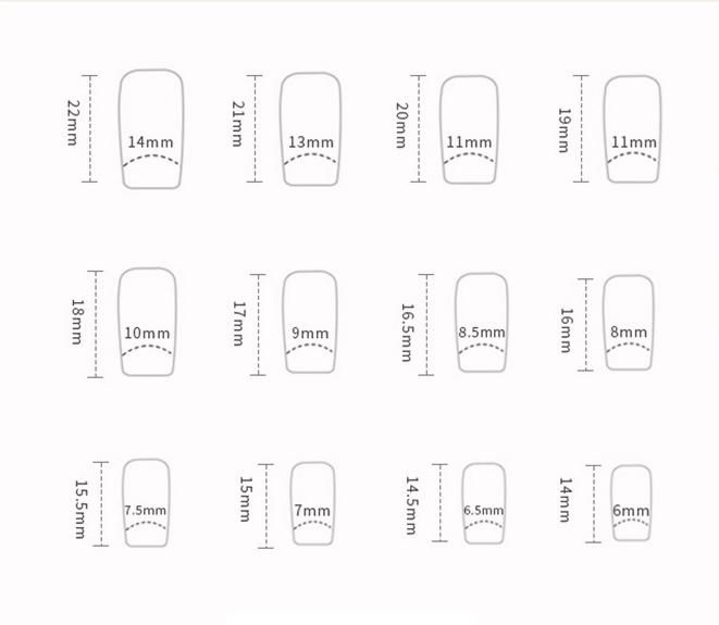 Thumbnail: Press-on nail sizing chart with width and length measurements
