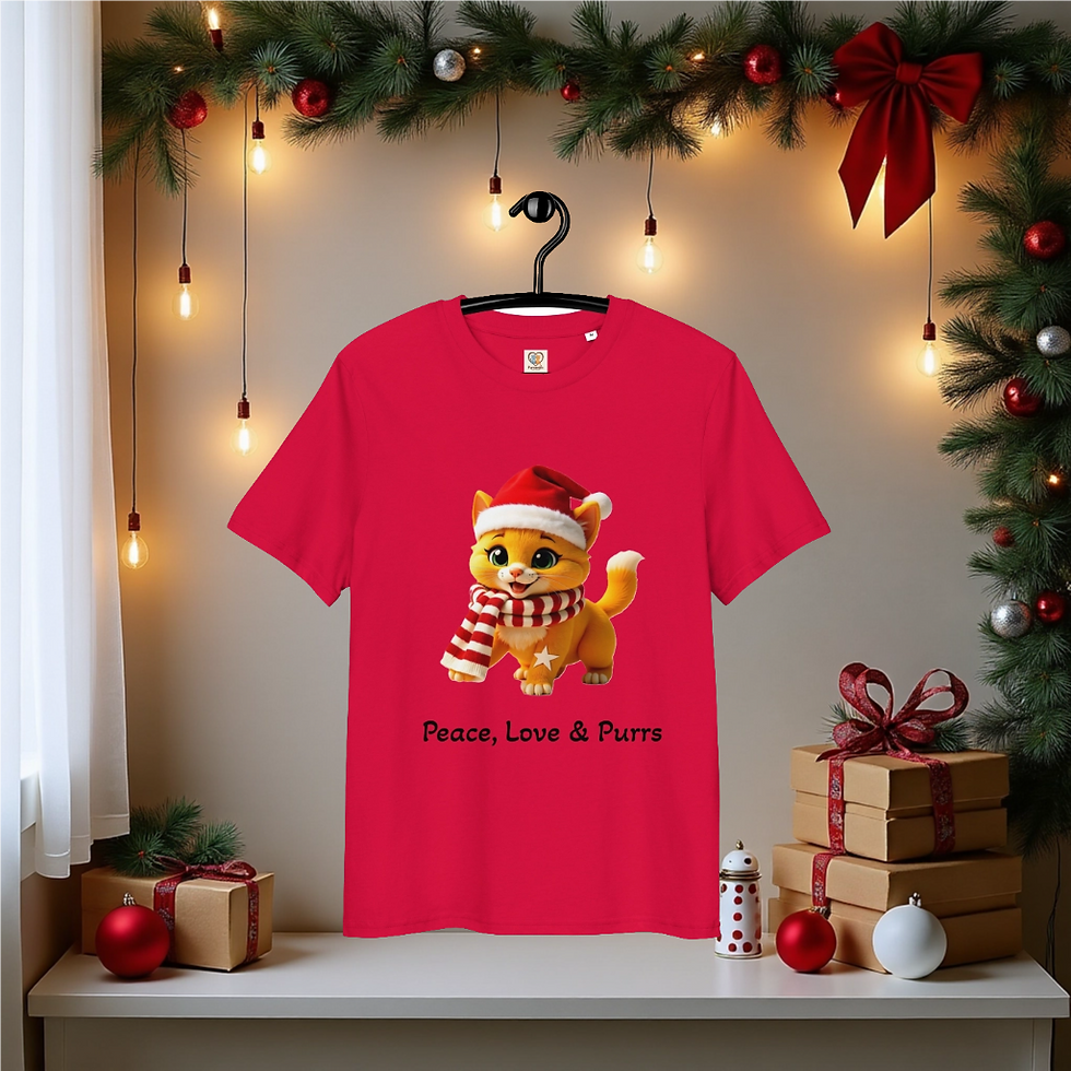 Unisex organic cotton t-shirt featuring Ramble the kitten in festive attire, surrounded by holiday-themed elements.