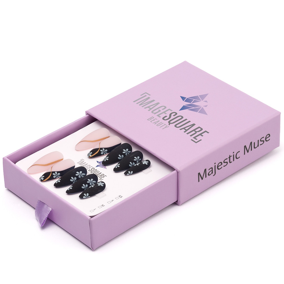 lavender rectangular beauty box with a pull‑out drawer and ribbon tab. The top features the Image Square Beauty logo, and the side reads “Majestic Muse”