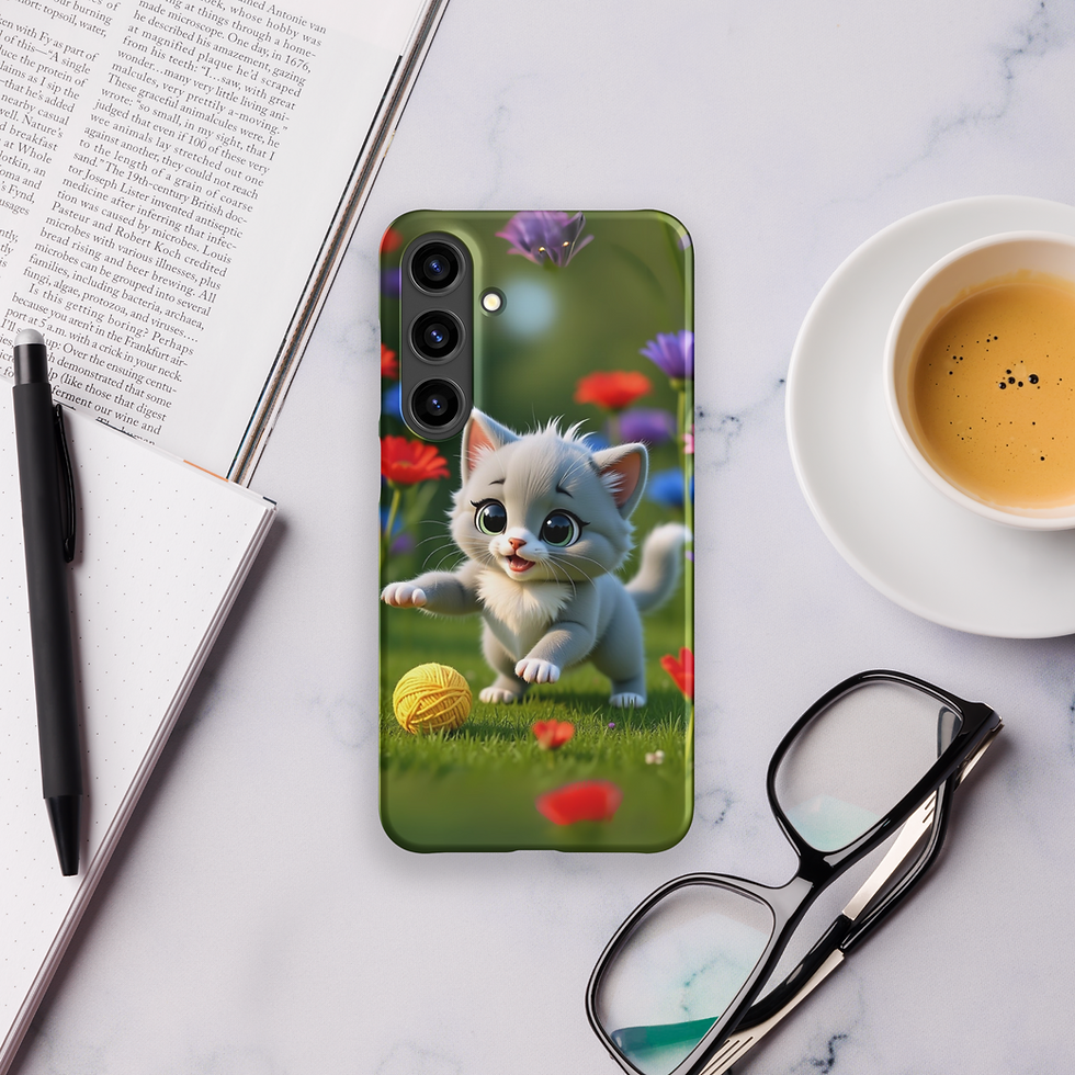 Thumbnail: Samsung snap phone case featuring a cute grey kitten playing with a yellow yarn ball in a flower meadow, Purramble design