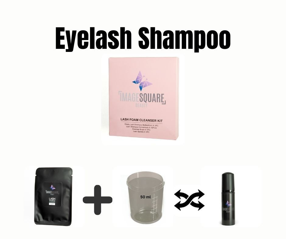 Thumbnail: Image Square Beauty concentrated lash shampoo sachet, plus sign, container with 50 ml water, mixing sign, bottle of 50ml eyelash shampoo 