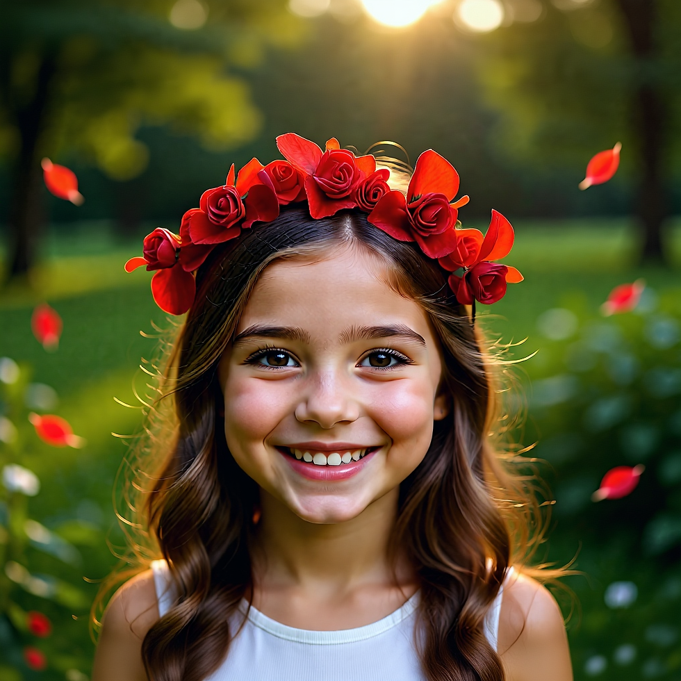 Thumbnail: Smiling girl wearing a white top with a red rose headband in a garden