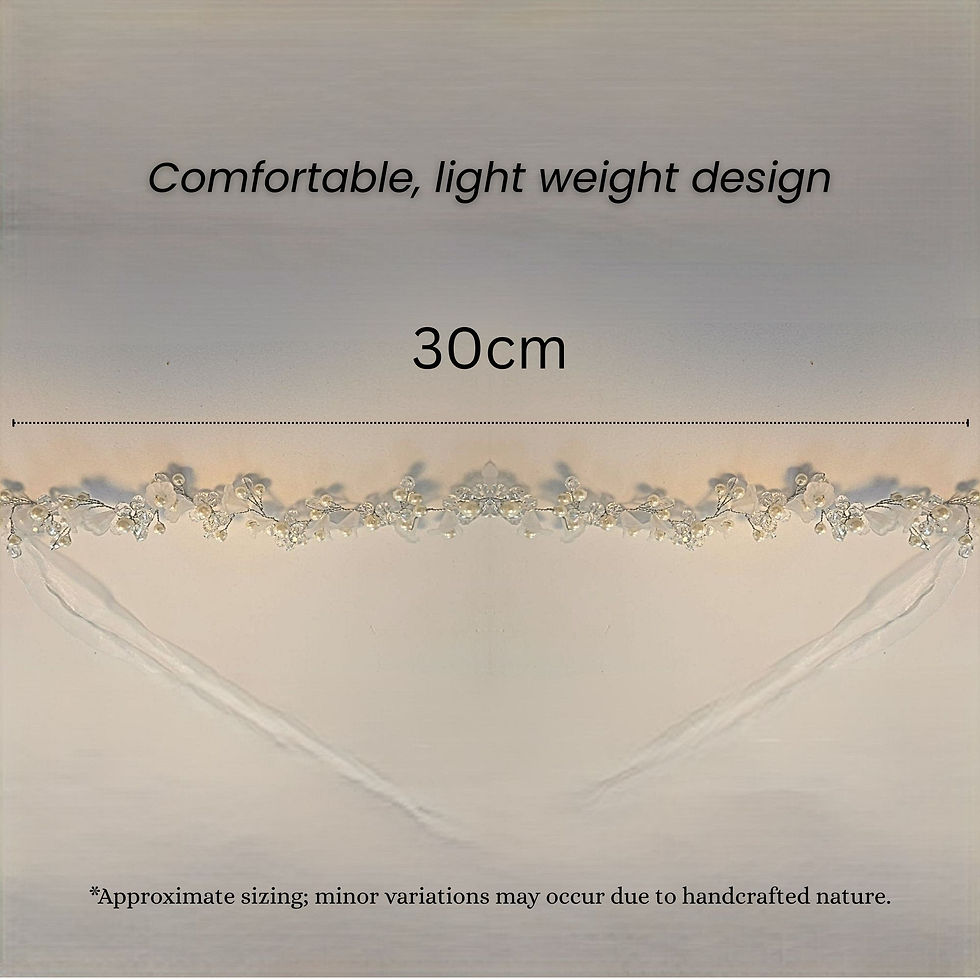 Thumbnail: A symmetrical floral and pearl headpiece measuring 30 cm, shown with text noting slight handmade size variations.