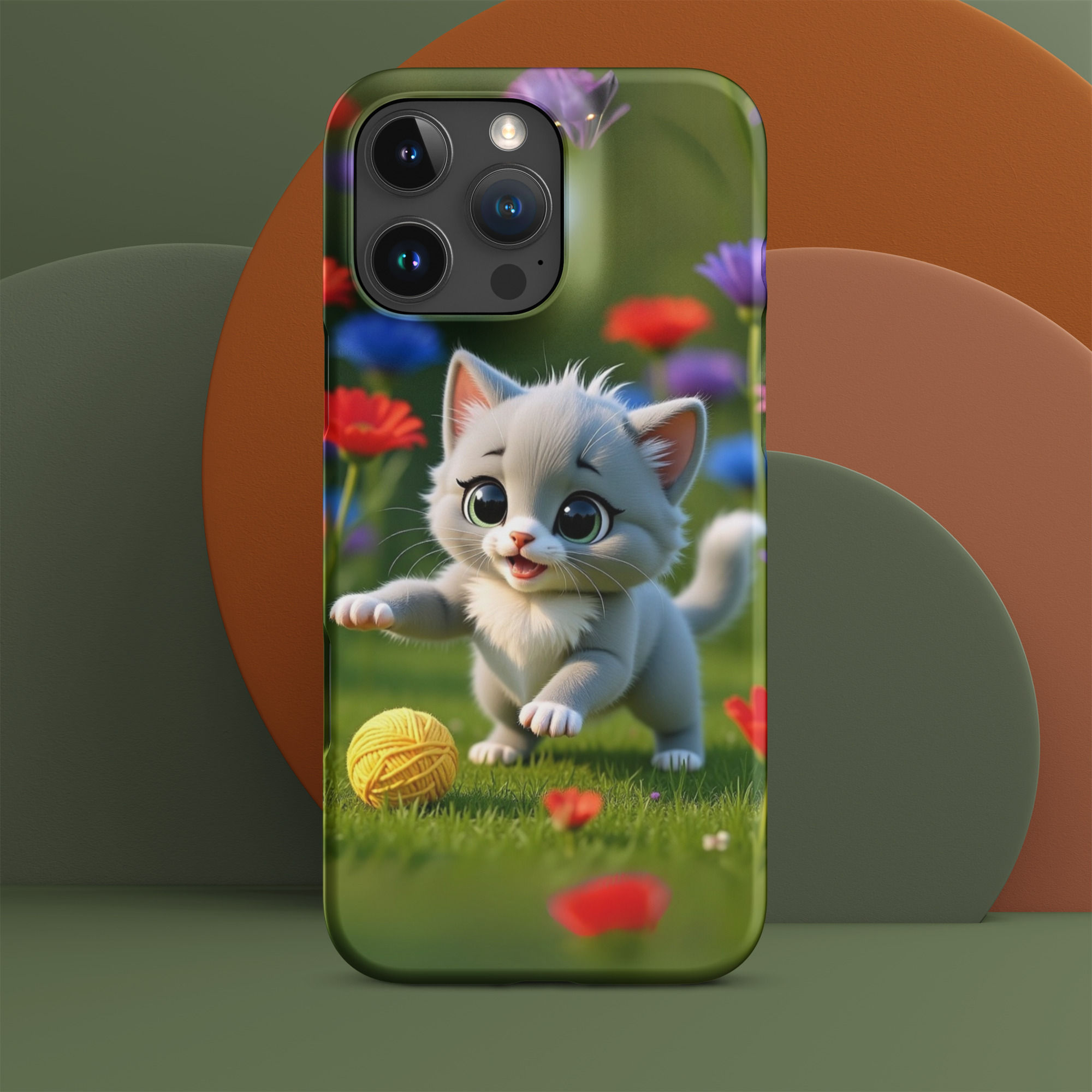 iPhone snap phone case featuring a cute grey kitten playing with a yellow yarn ball in a flower meadow, Purramble design .