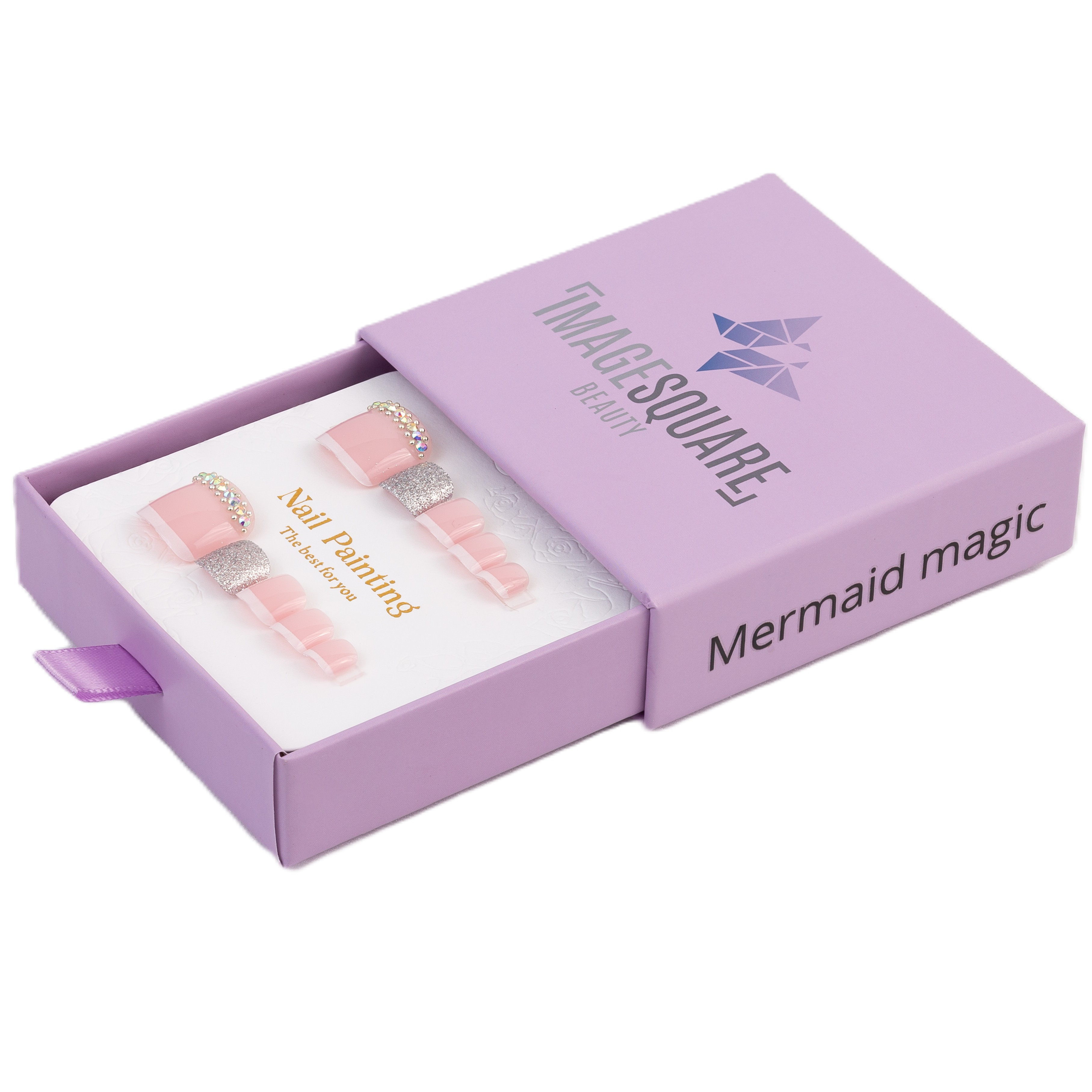 Lavender Mermaid Magic box opened to reveal pink nails with rhinestones and glitter.