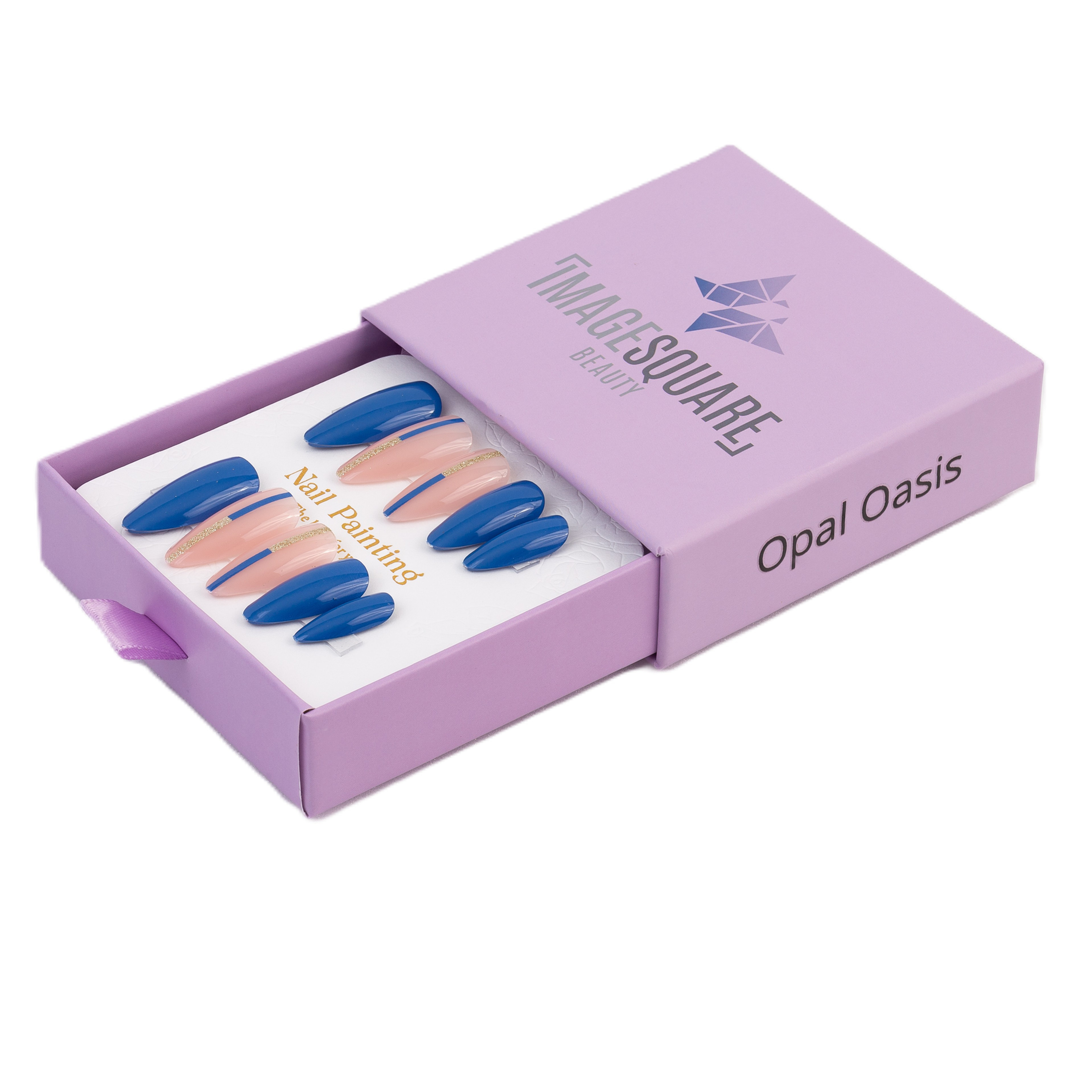 lavender rectangular beauty box with a pull‑out drawer and ribbon tab. The top features the Image Square Beauty logo, and the side reads “Opal Oasis"