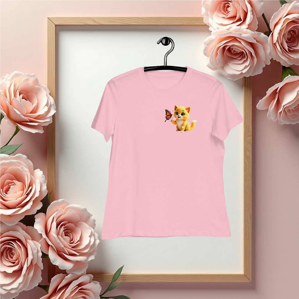 Women’s relaxed fit t-shirt featuring Ramble, the orange kitten, gently holding a butterfly on his paw