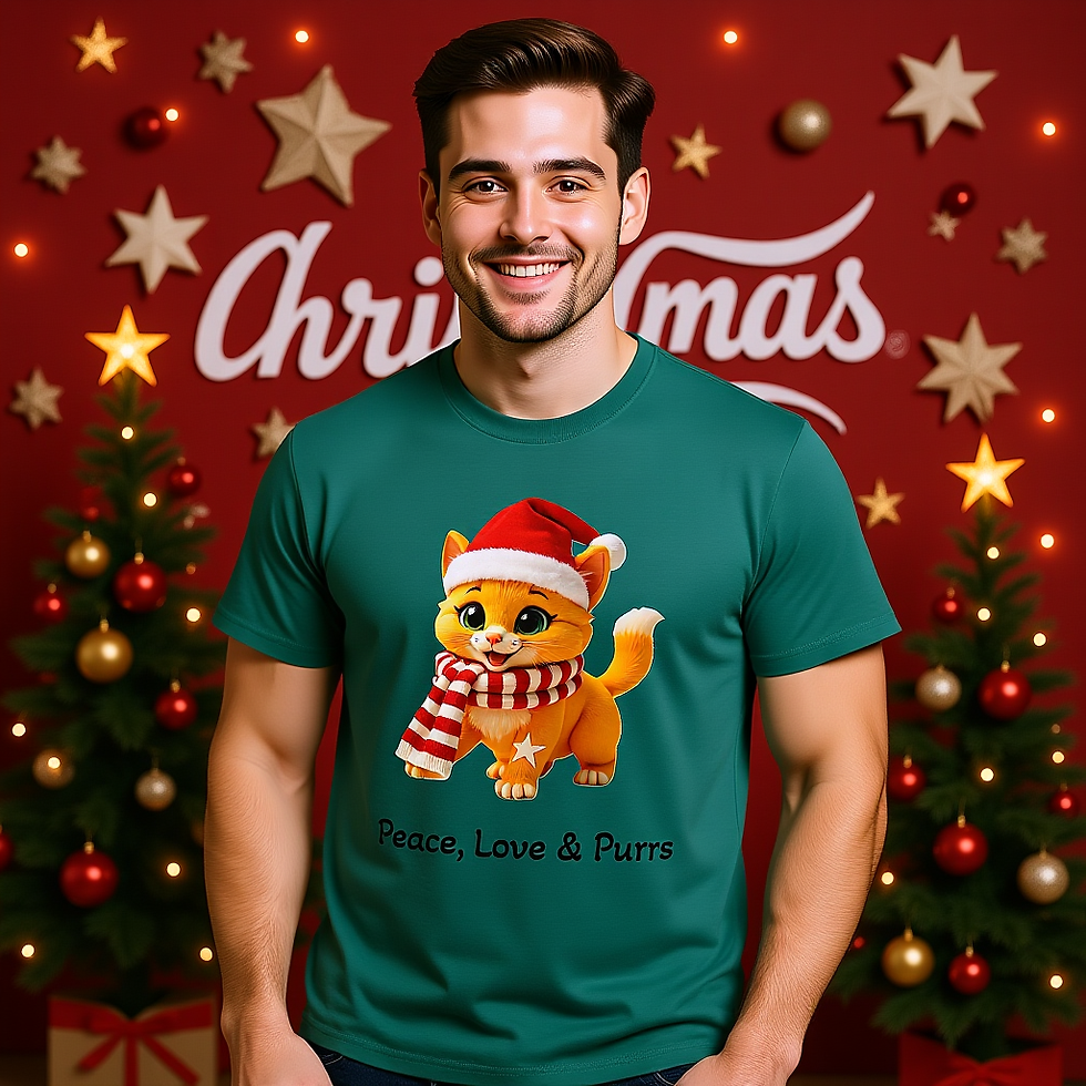Unisex organic cotton t-shirt featuring Ramble the kitten in festive attire, surrounded by holiday-themed elements.