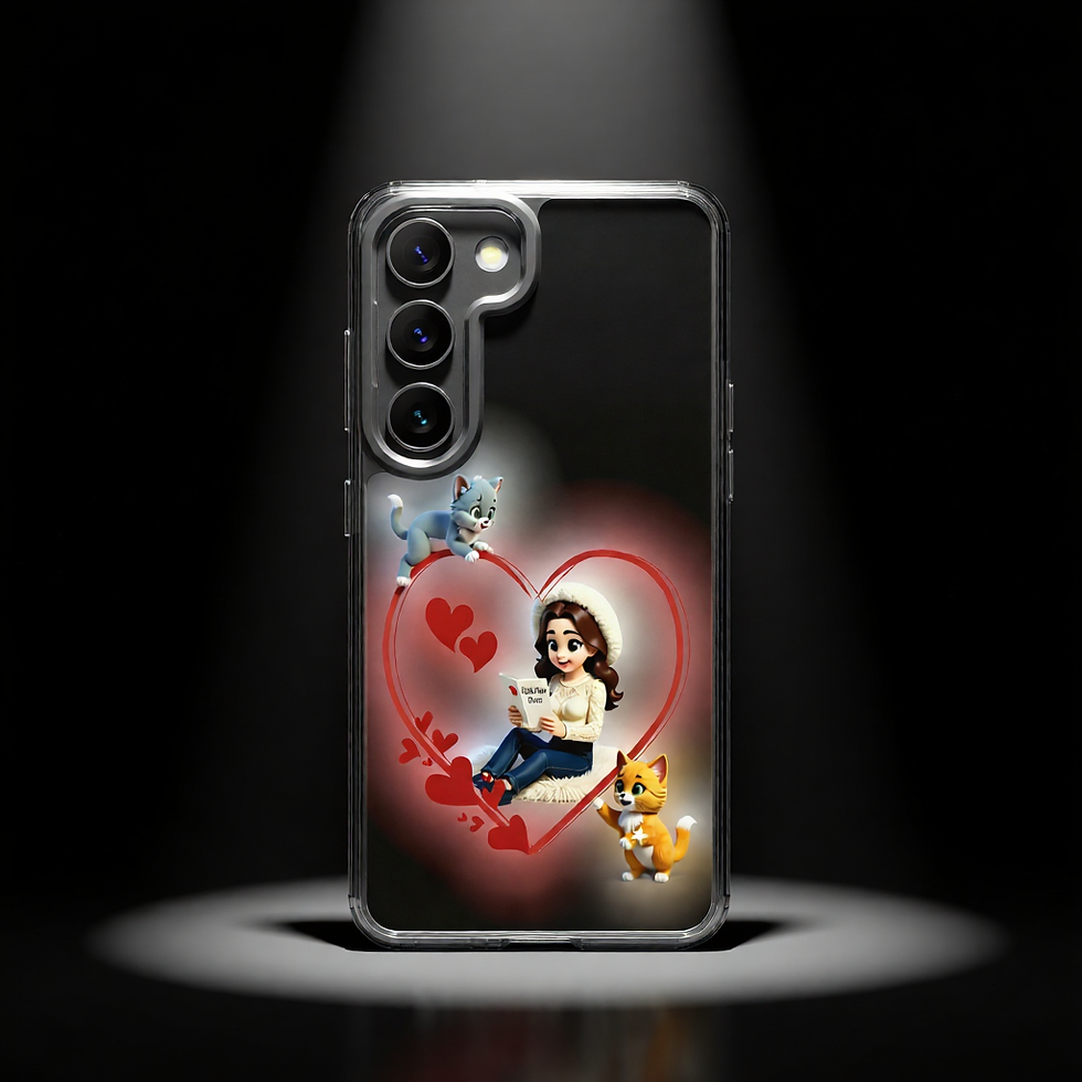 Thumbnail: Phone case with heart-and-cats illustration displayed against a dark spotlight background.