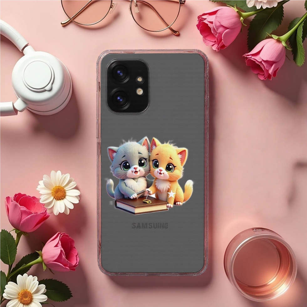 Samsung clear phone case featuring two cute kittens, Purr and Ramble, sitting with a leather book, Purramble design