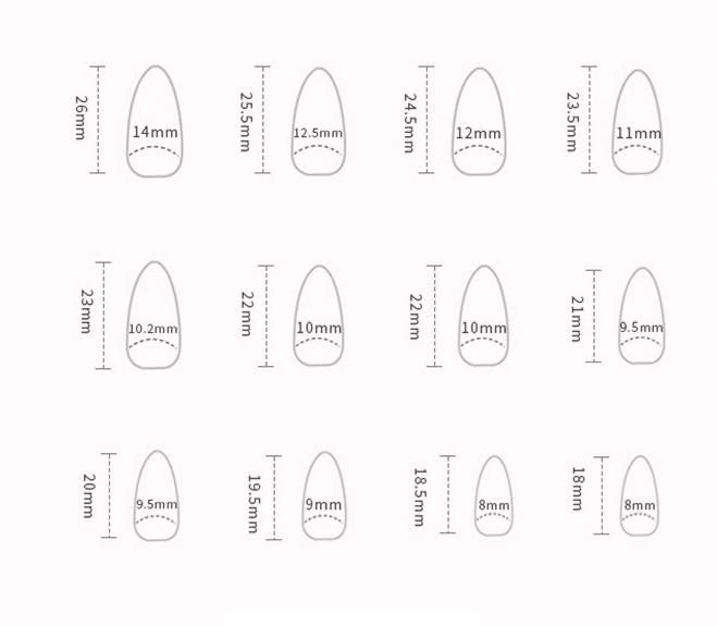 Thumbnail: Press-on nail sizing guide with length and width dimensions