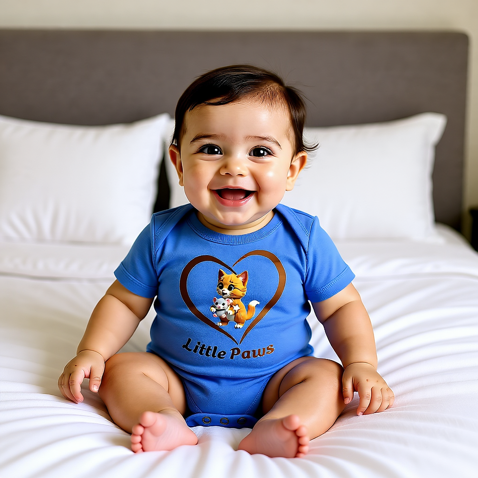 Thumbnail: Baby in a blue “Little Paws” onesie sitting on a neatly made white bed.