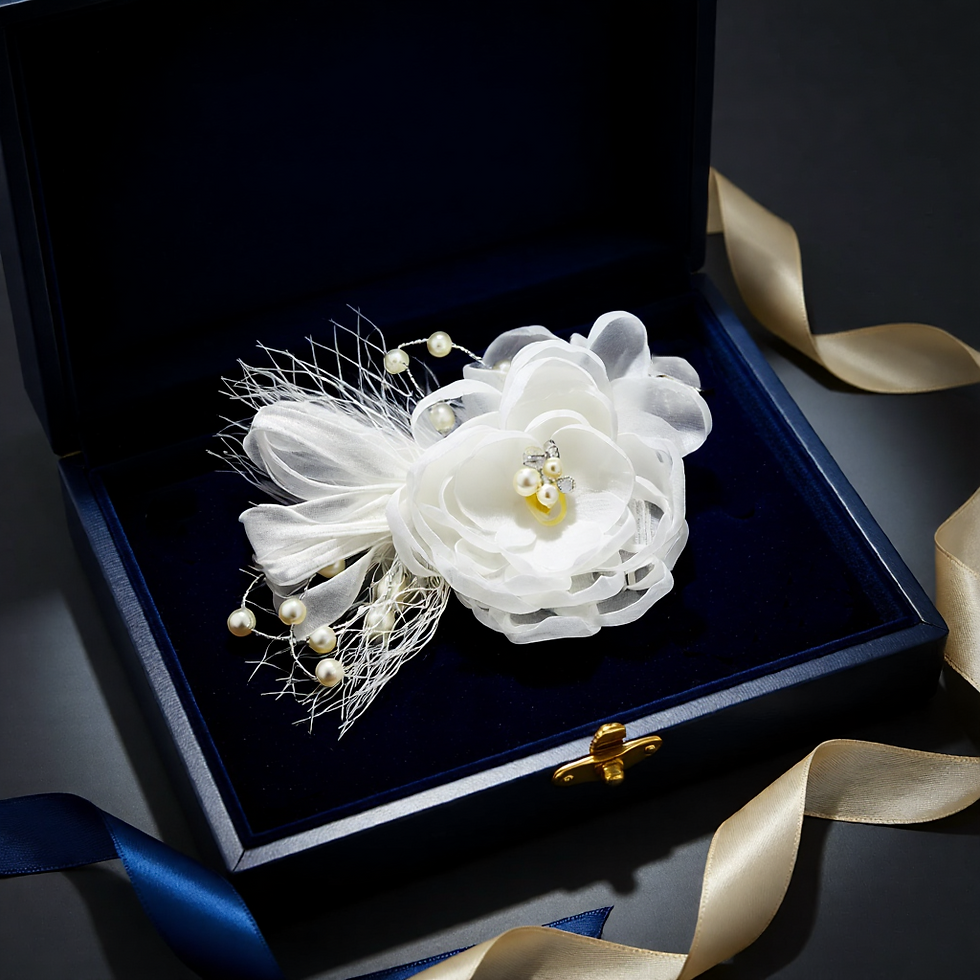 Thumbnail: A white floral accessory with pearls and rhinestones presented inside a navy velvet box with gold and satin ribbon accents.