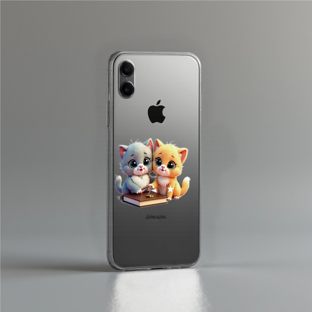 iPhone clear phone case featuring two cute kittens, Purr and Ramble, sitting with a leather book, Purramble design