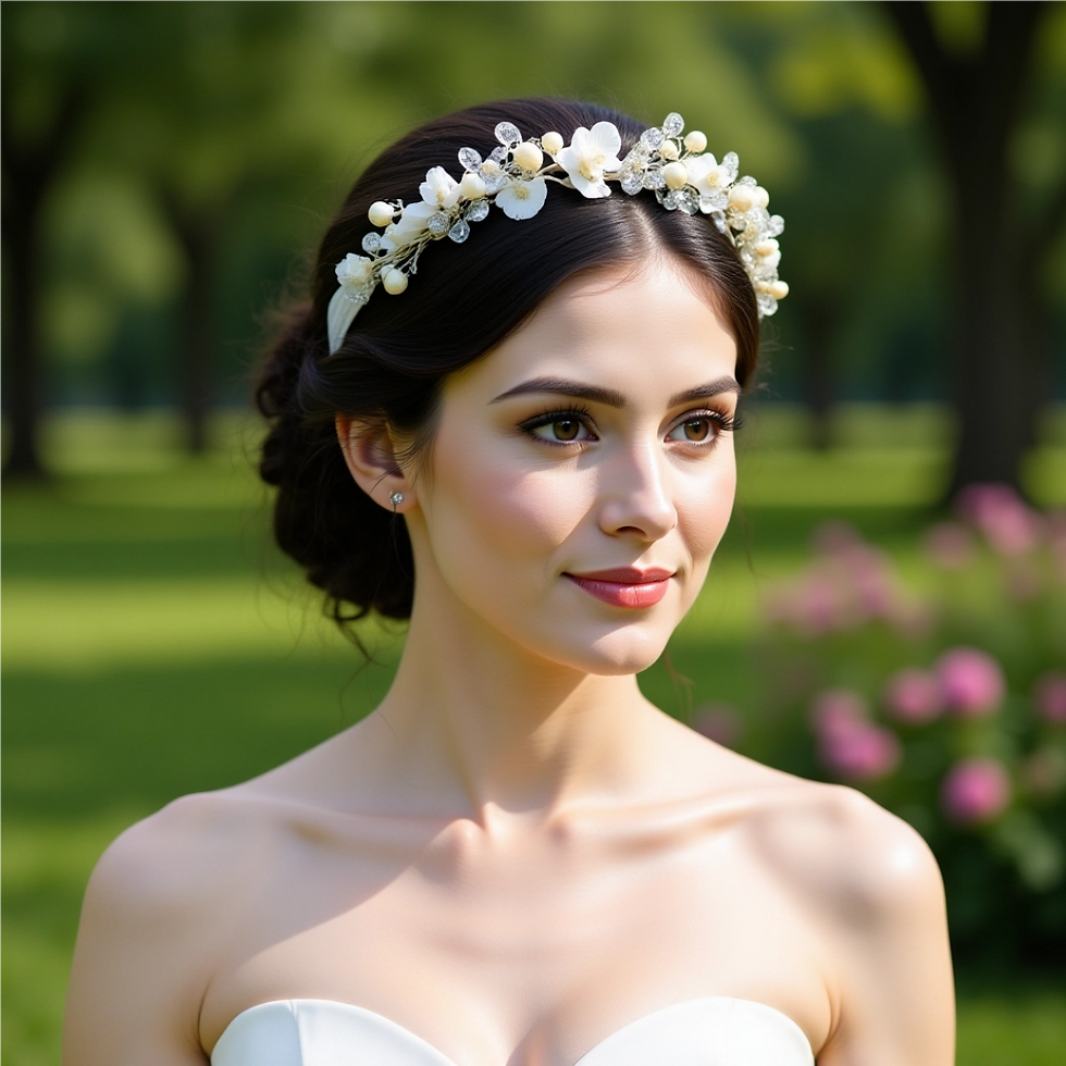 A woman outdoors wearing a white floral headpiece in an elegant updo, captured in natural sunlight with a serene expression.