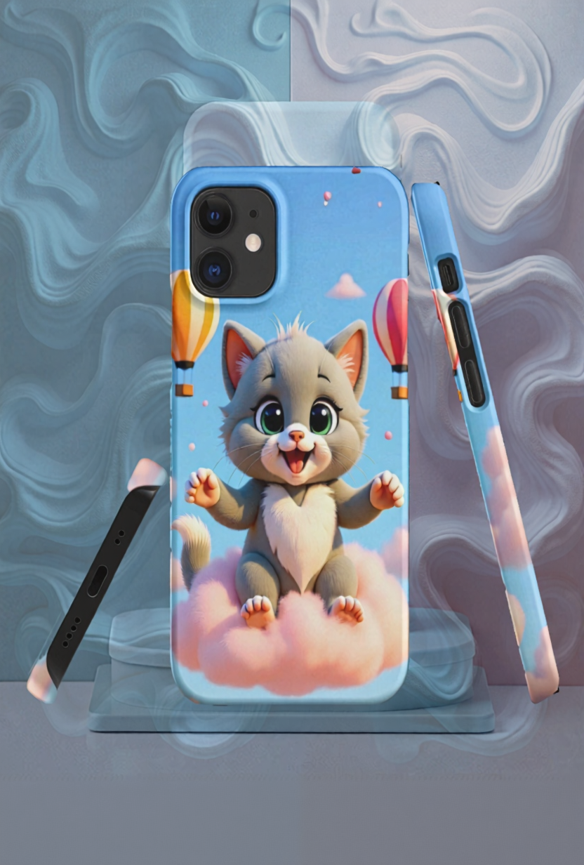 Mobile with a Purramble design cover featuring Purr seated in a cloud and air ballons around her