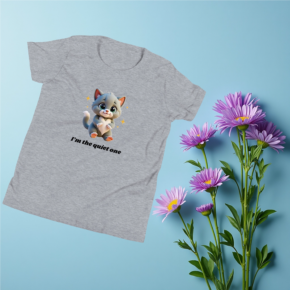 Thumbnail: Youth t-shirt featuring Purr the kitten with sparkles and the quote “I’m the quiet one” printed below.