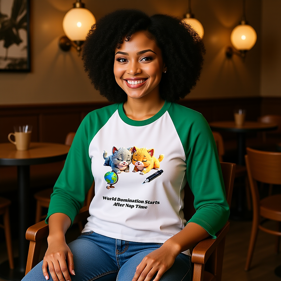 White and green raglan shirt featuring Purr and Ramble with globe, pencil, and rocket, and a quote