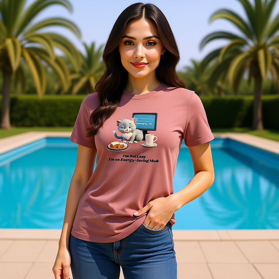 Women’s t-shirt with Purr sitting at a desk with coffee and snacks, and the quote “I’m not lazy, I’m on energy saving"