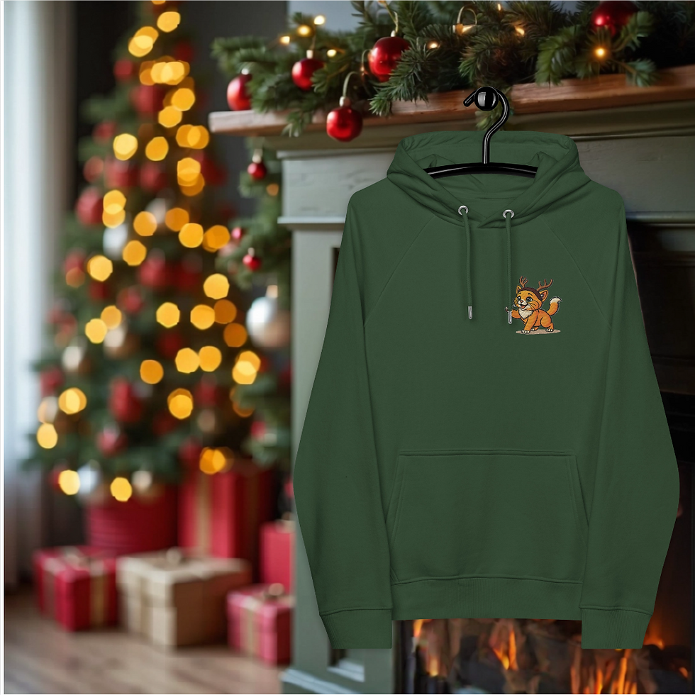 Premium polo shirt with embroidered design of Ramble the kitten dressed as a reindeer with antlers.