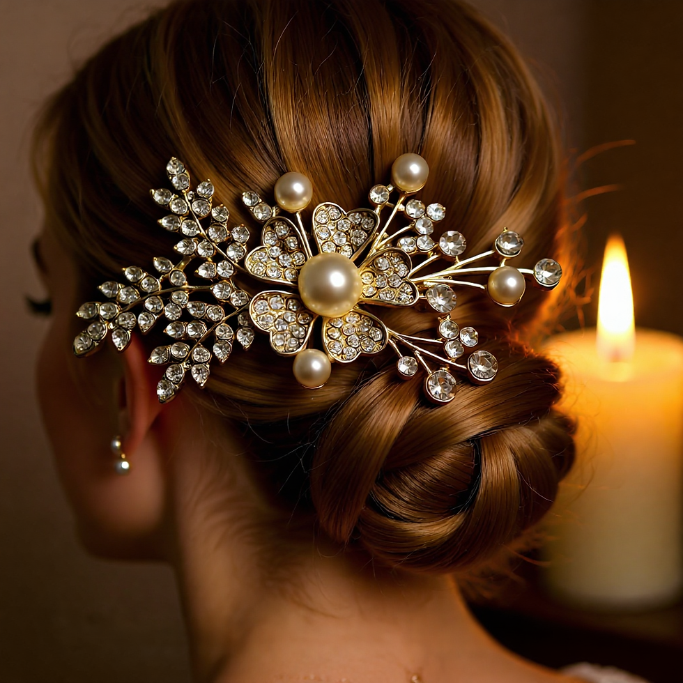 Thumbnail: Lady wearing an elegant silver bridal hair comb with floral crystal and pearl design.